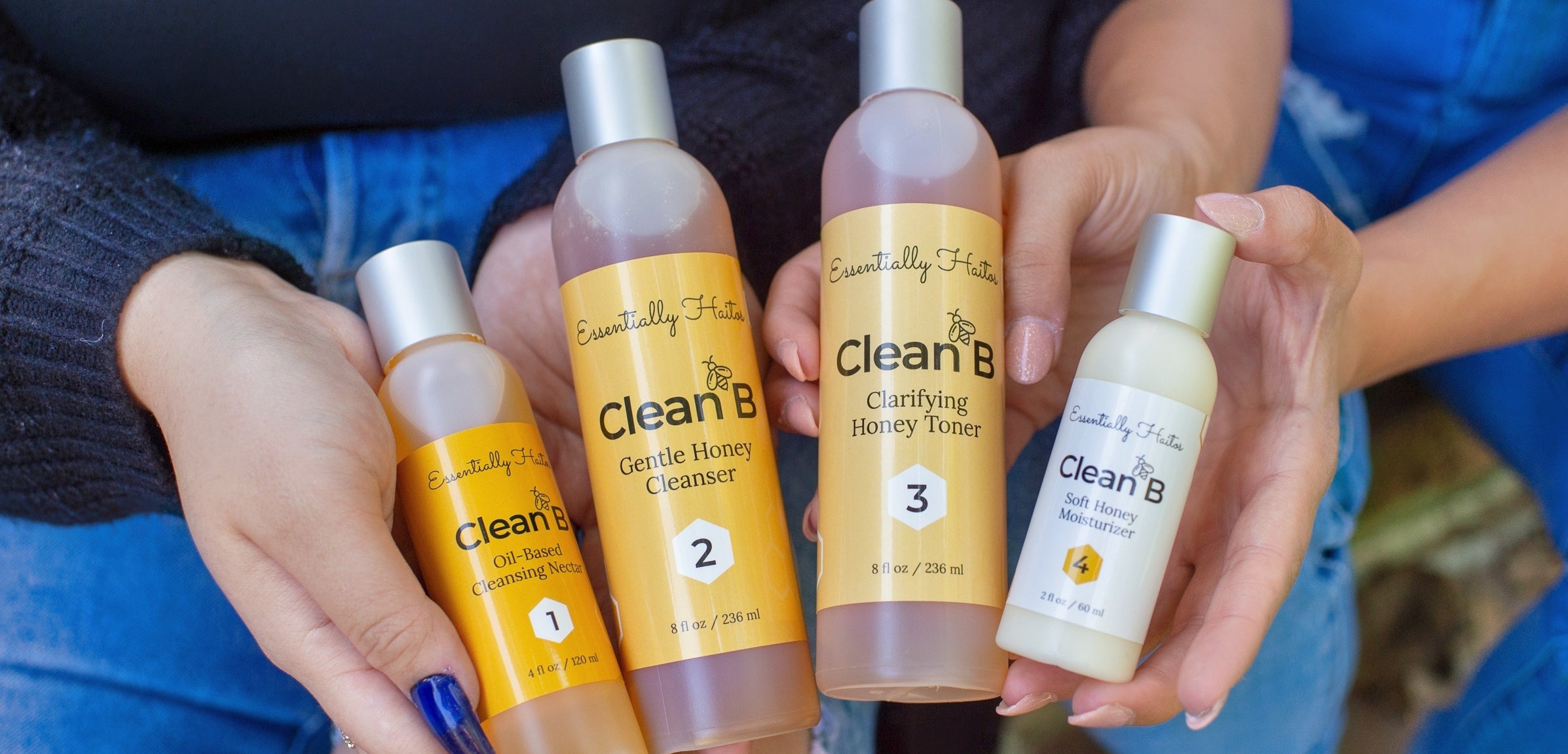 Hands holding Clean B products, steps 1 - 4